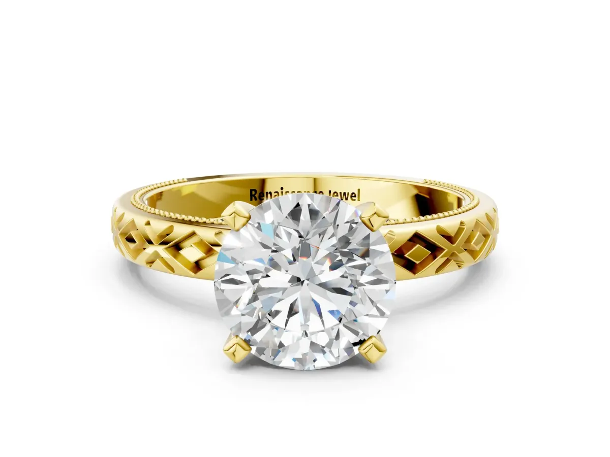 Round Cut Solitaire Diamond Ring with Milgrain and Black Enamel X Pattern Band Yellow gold