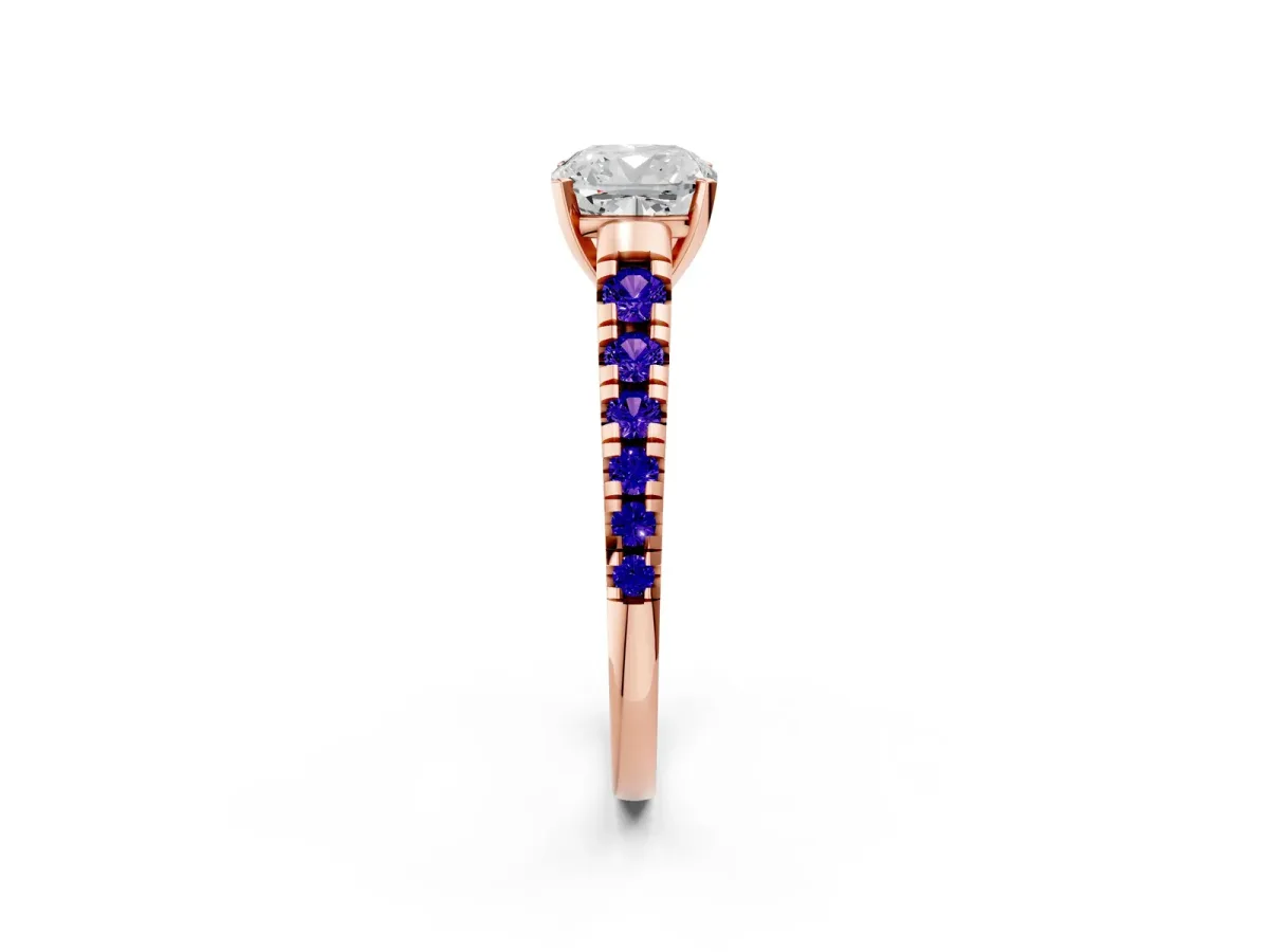 Cushion Cut Diamond Cathedral Solitaire Ring with Round Tanzanite Pavé Band Rose gold