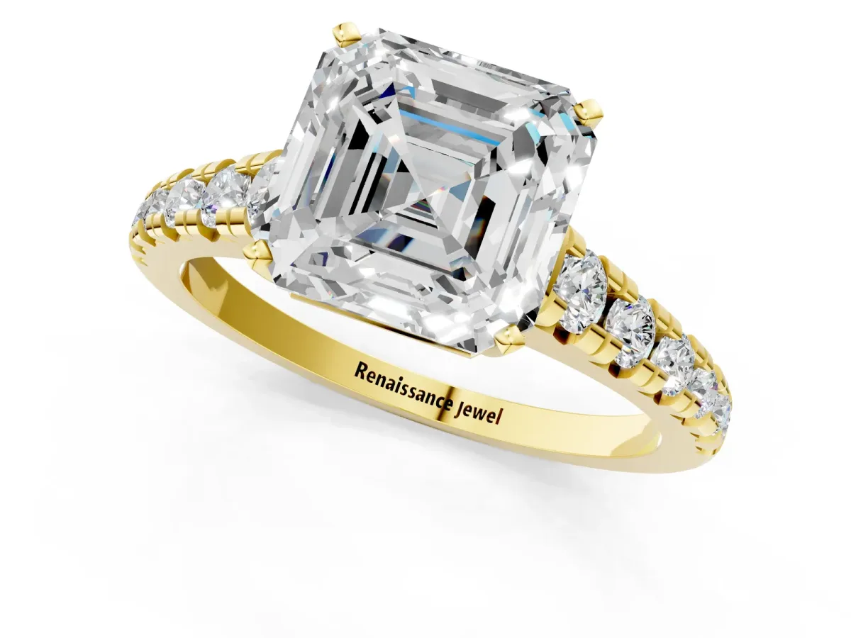 Asscher Cut Diamond Cathedral Solitaire Ring with Round Moissanite Pavé Band Yellow gold