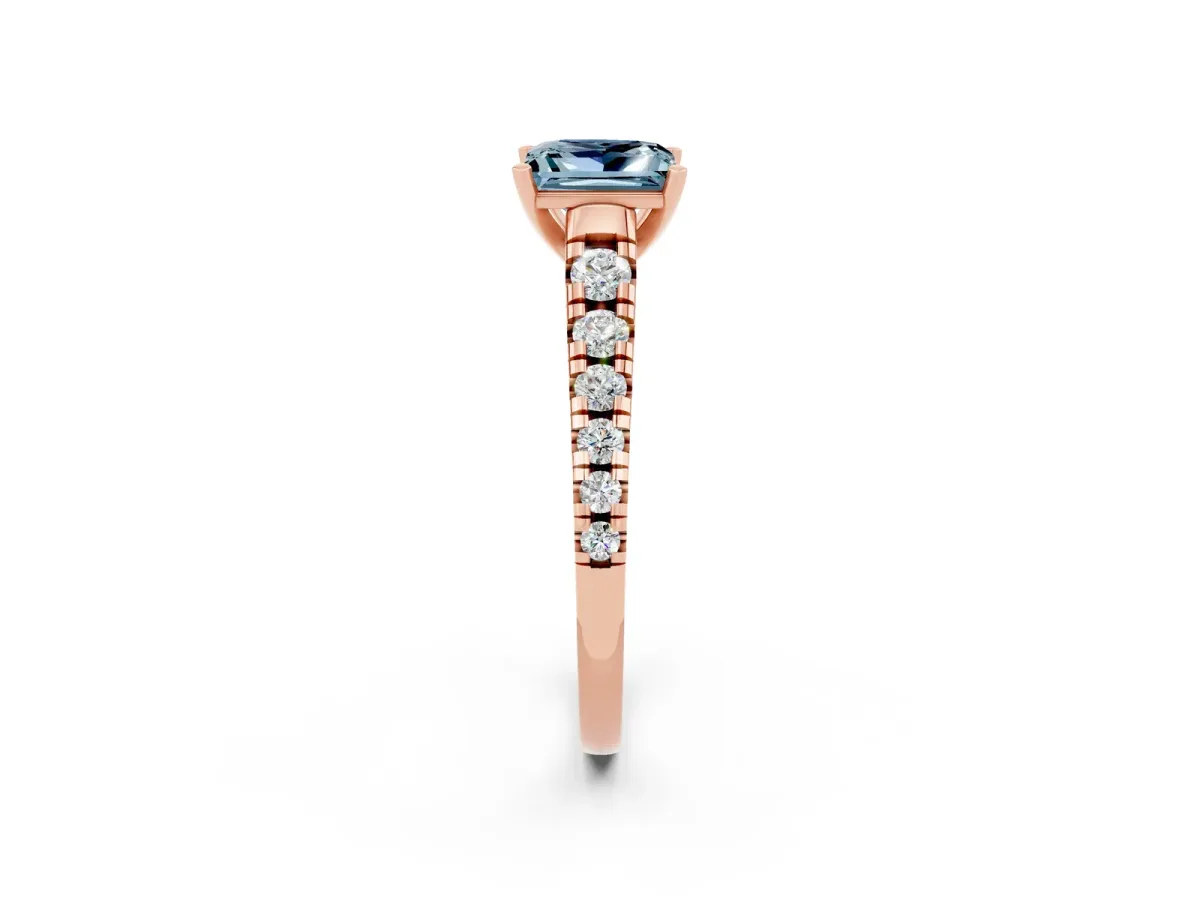Princess Cut Aquamarine Cathedral Solitaire Ring with Round Pavé Band Rose gold
