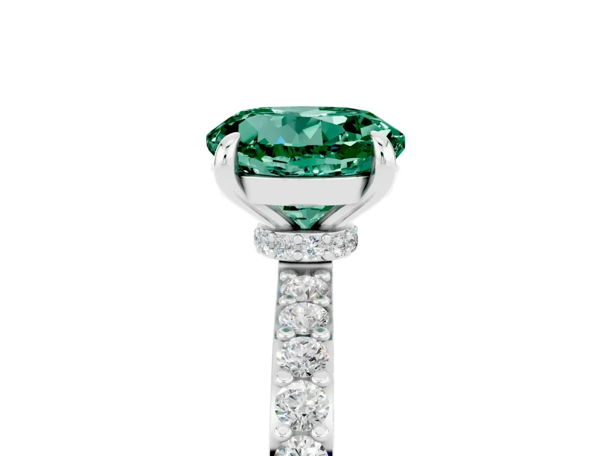 Round Cut Green Sapphire Solitaire Engagement Ring with Pavé Band and Four-Prong Setting White gold