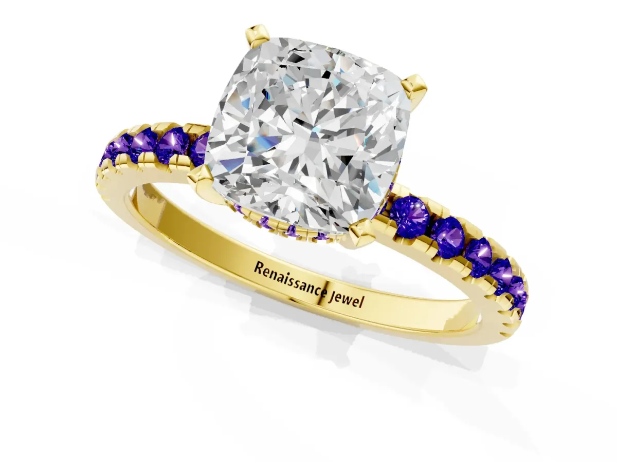 Cushion Cut Diamond Solitaire Ring with Round Tanzanite Pavé Band and Four-Prong Setting Yellow gold