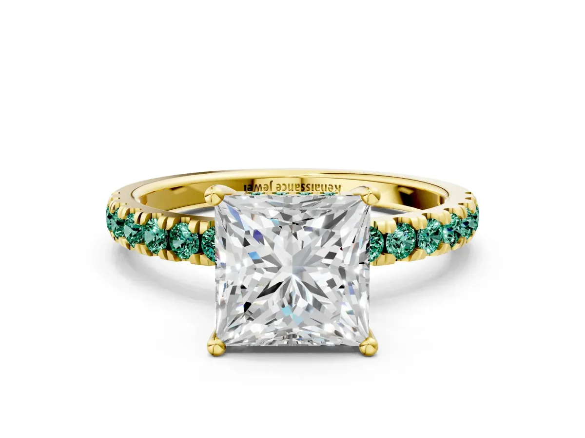 Princess Cut Diamond Pave Band Solitaire Ring with Round Green Sapphire and Prong Setting Yellow gold