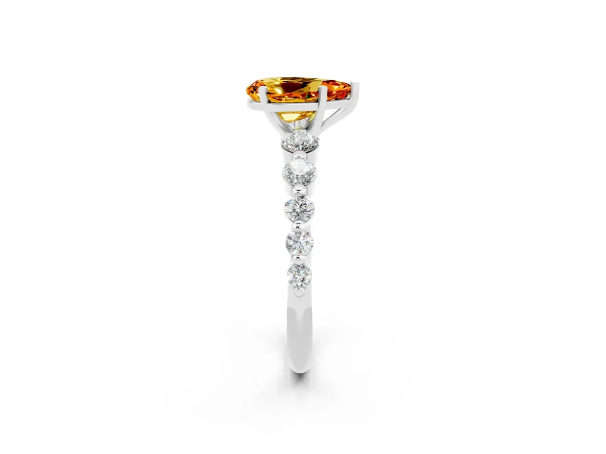 Pear Cut Solitaire Citrine Ring with Pave Band and Four-Prong Setting Silver