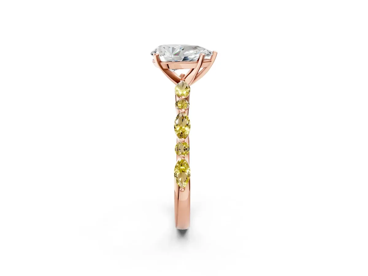 Pear Cut Diamond Ring with Marquise and Round Yellow Sapphire Side Stones and Four-Prong Setting Rose gold