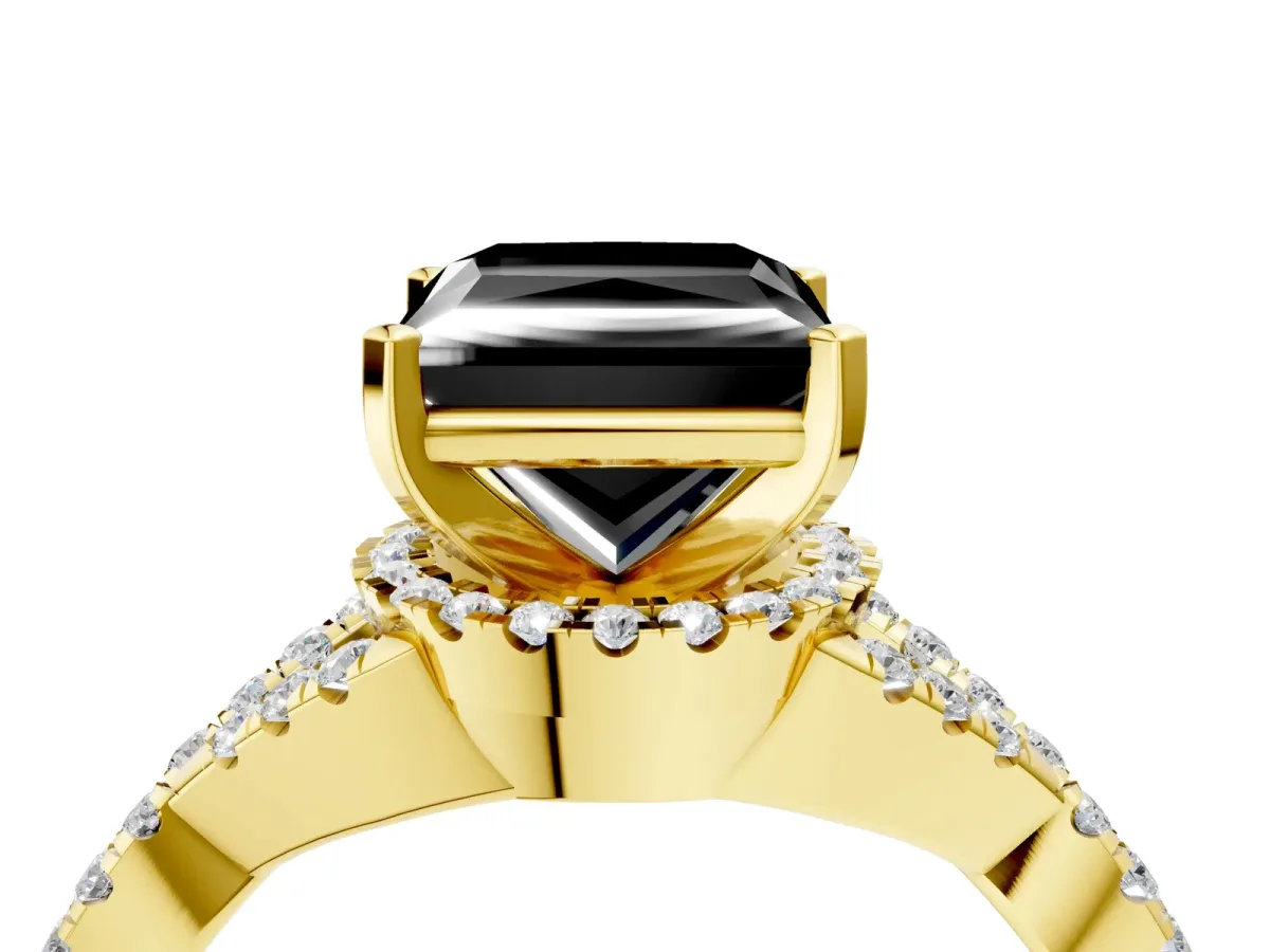 Fancy Black Princess Cut Diamond Halo Twist Band Solitaire Prong Setting Ring Yellow gold