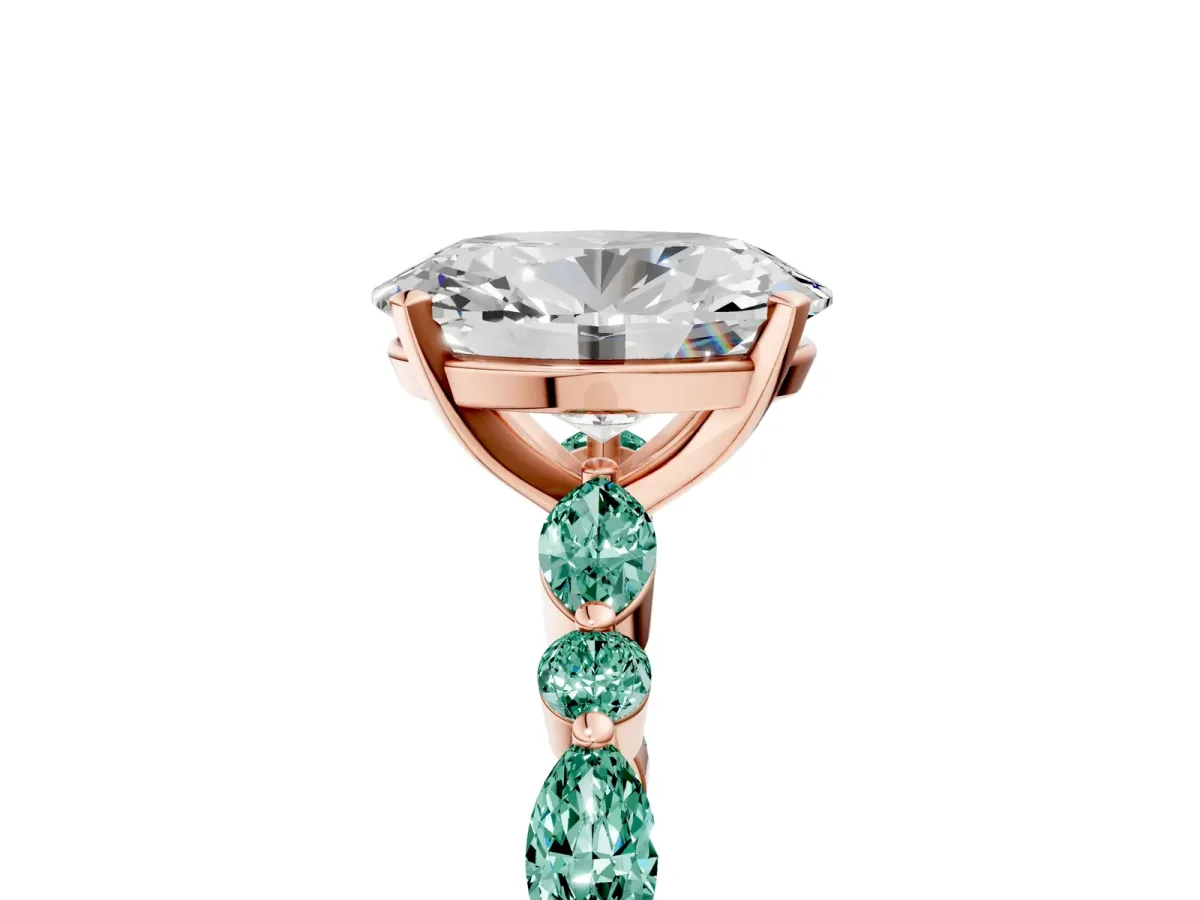 Oval Cut Diamond Ring with Marquise and Round Green Sapphire Side Stones and Four-Prong Setting Rose gold