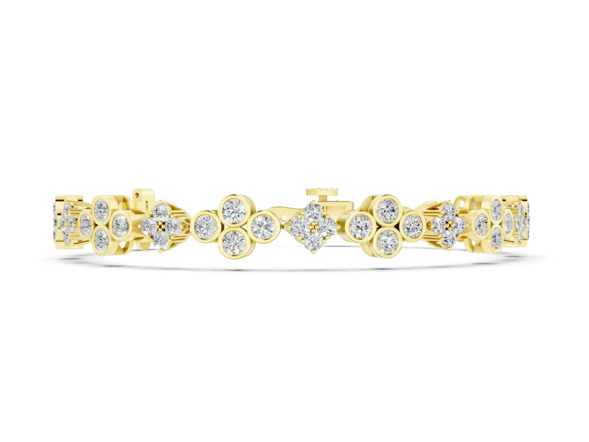 Round Diamond Cluster Tennis Bracelet with Bezel Setting and Four-Prong Clasp Yellow gold