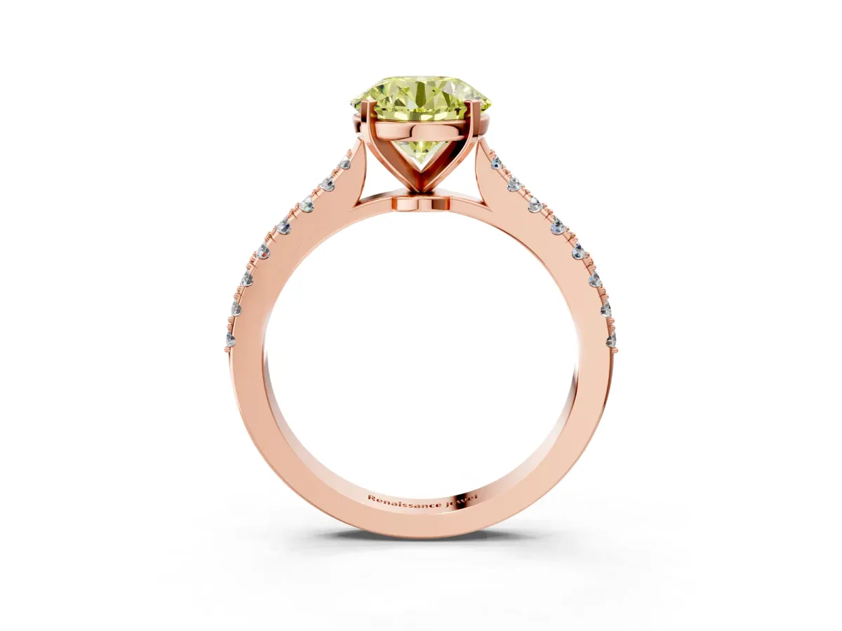 Fancy Yellow Round Cut Cut Solitaire Diamond Engagement Ring with Pave Band and Four-Prong Setting Rose gold