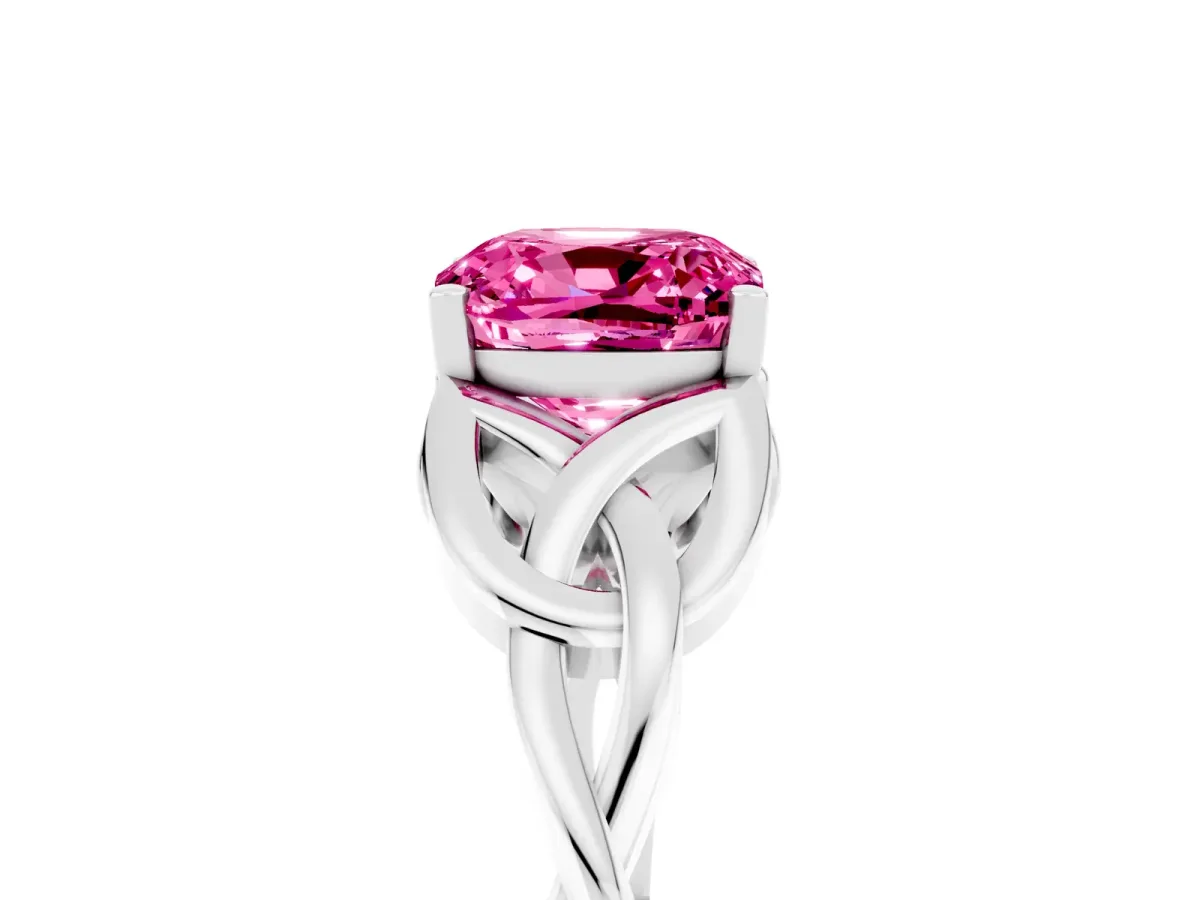 Cushion Cut Pink Sapphire Solitaire Engagement Ring with Celtic Knot Band and Four-Prong Setting White gold