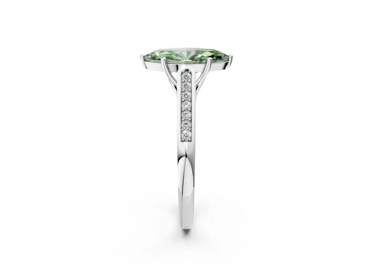 Fancy Green Marquise Cut Solitaire Cathedral Diamond Engagement Ring with Channel-Set Band and Four-Prong Setting Silver