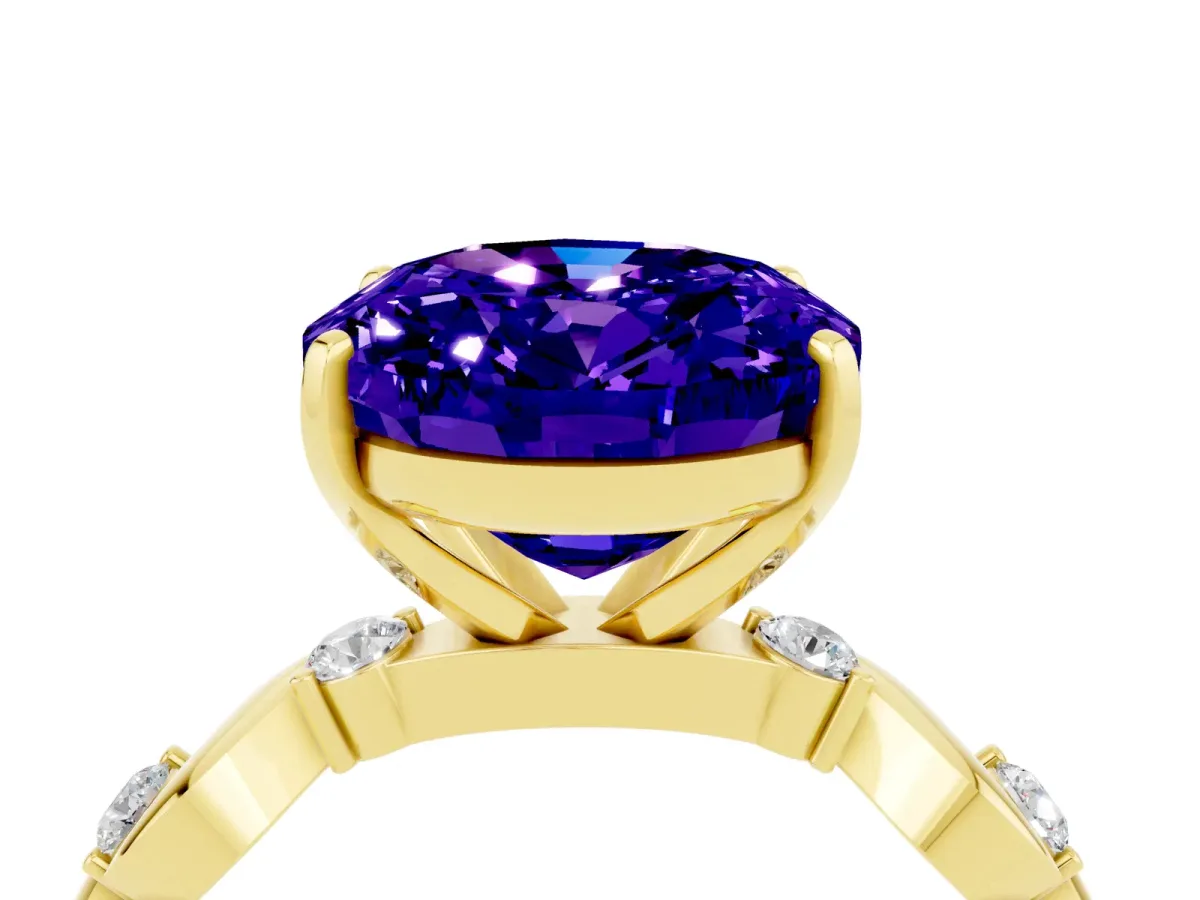 Oval Cut Tanzanite Solitaire Twisted Band with Round Accents and Prong Setting Yellow gold