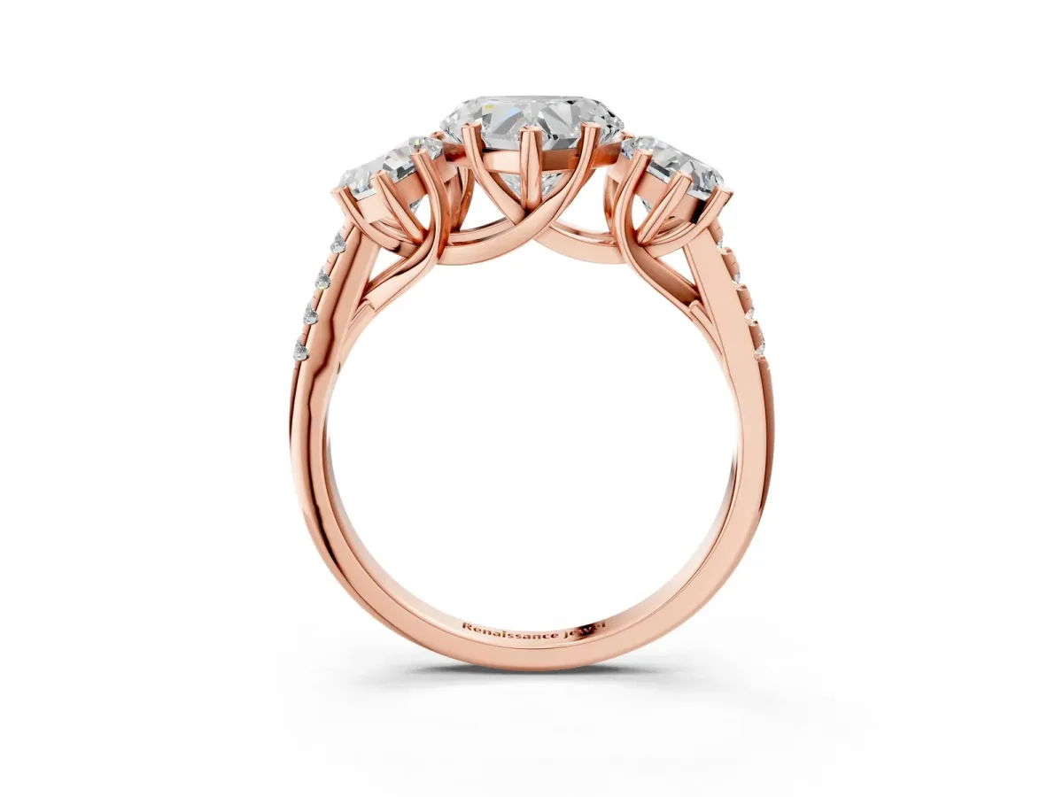 Three-Stone Heart Cut Diamond Ring with Round Moissanite Pavé Band and Prong Setting Rose gold