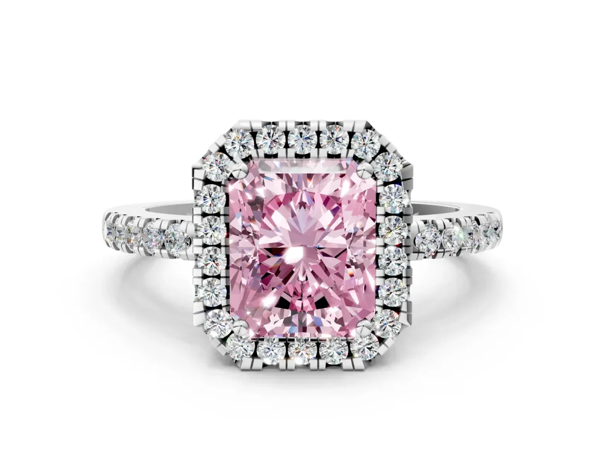 Fancy Pink Radiant Cut Halo Diamond Engagement Ring with Pavé Band and Four-Prong Setting Platinum