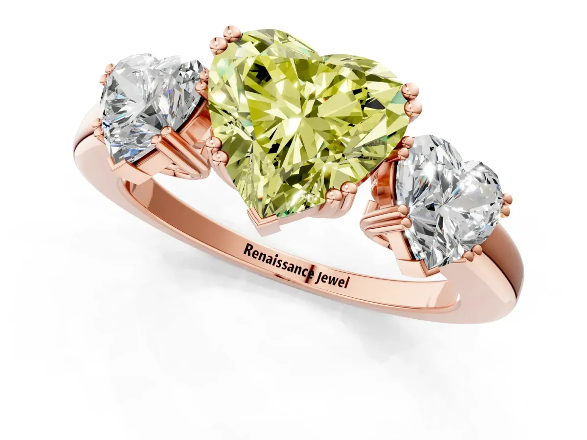 Fancy Yellow Three-Stone Heart Cut Cut Diamond Ring with Channel Set Band and Four-Prong Setting Rose gold