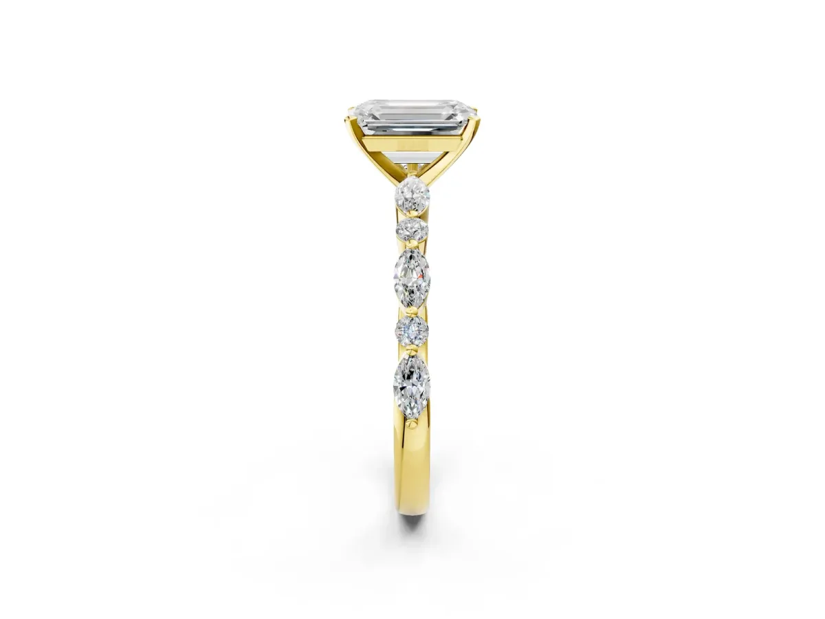 Emerald Cut Diamond Ring with Marquise and Round Moissanite Side Stones and Four-Prong Setting Yellow gold