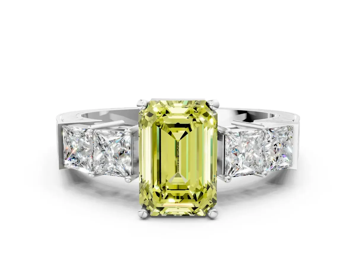 Fancy Yellow Emerald Cut Solitaire Princess Side Stone Engraved Band Prong Setting Ring Silver
