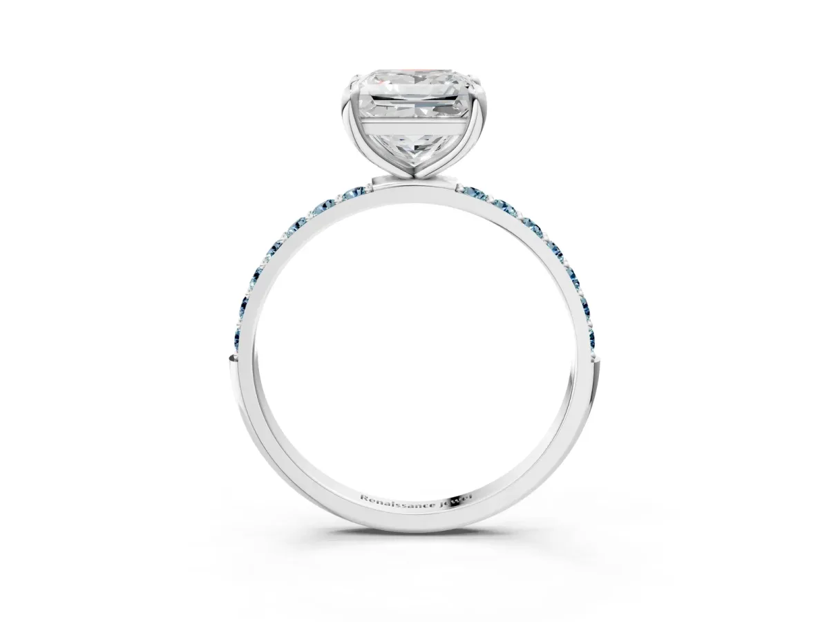 Princess Cut Diamond Solitaire Ring with Round Aquamarine Pavé Band and Prong Setting White gold