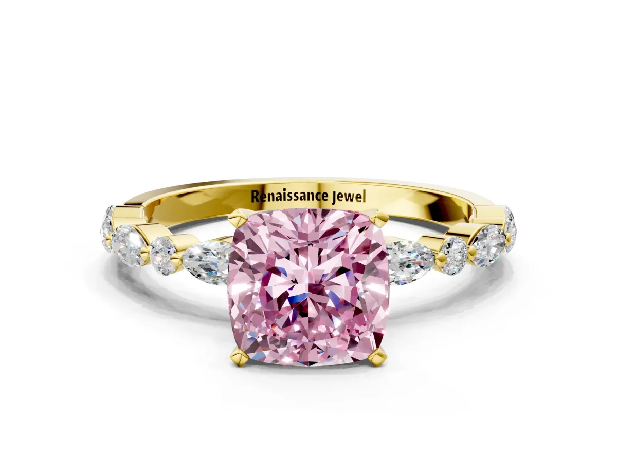Fancy Pink Cushion Cut Diamond Ring with Marquise and Round Side Stones and Four-Prong Setting Yellow gold
