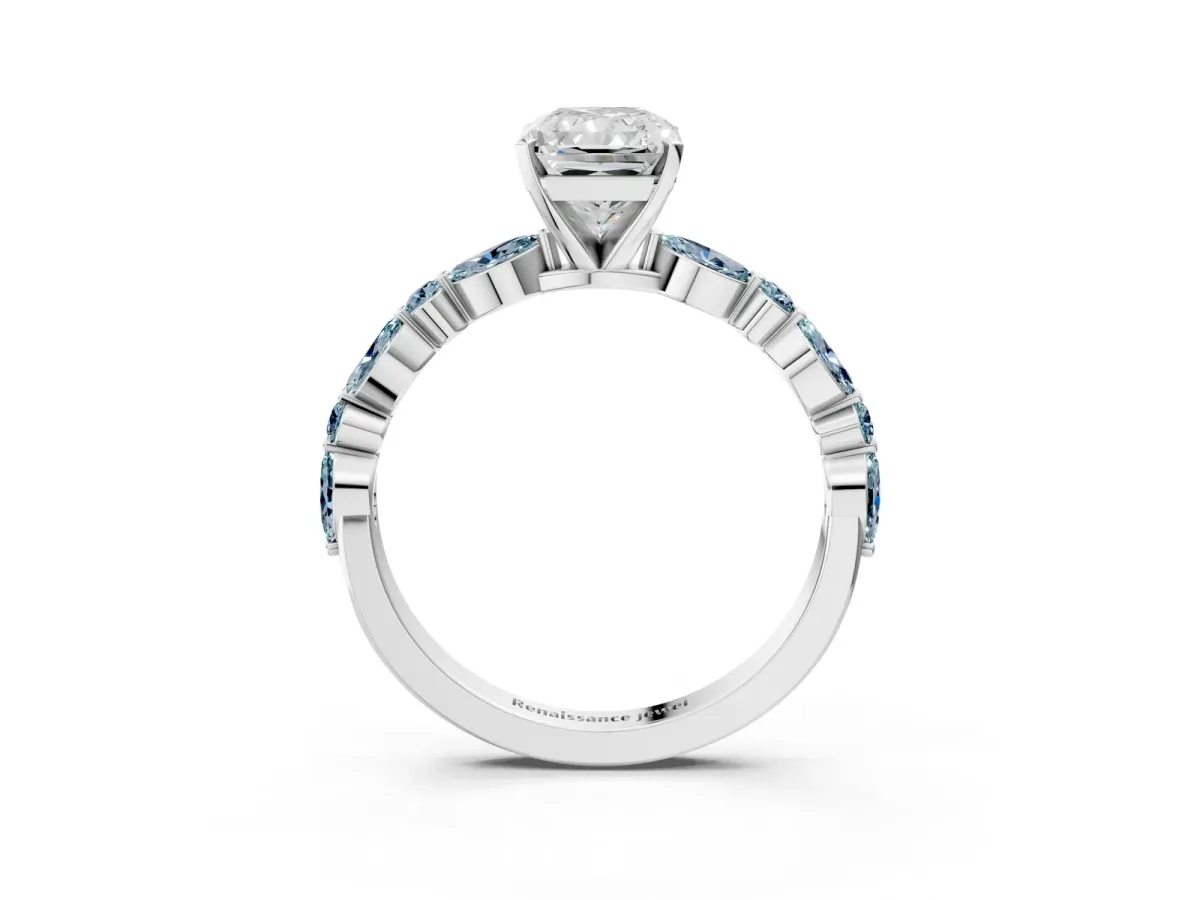 Radiant Cut Diamond Ring with Marquise and Round Aquamarine Side Stones and Four-Prong Setting Platinum