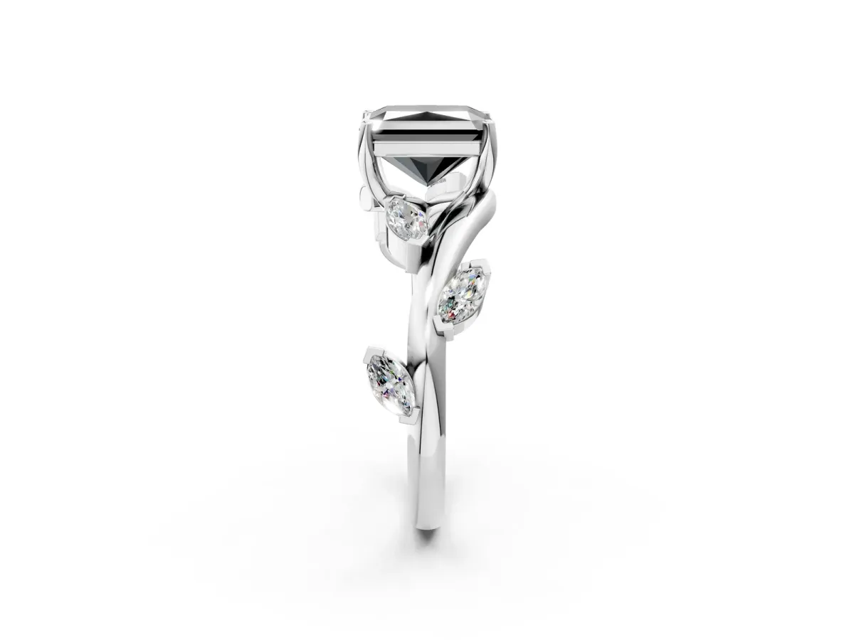Fancy Black Radiant Cut Solitaire Twisted Band Marquise Accent Prong Setting Ring Platinum