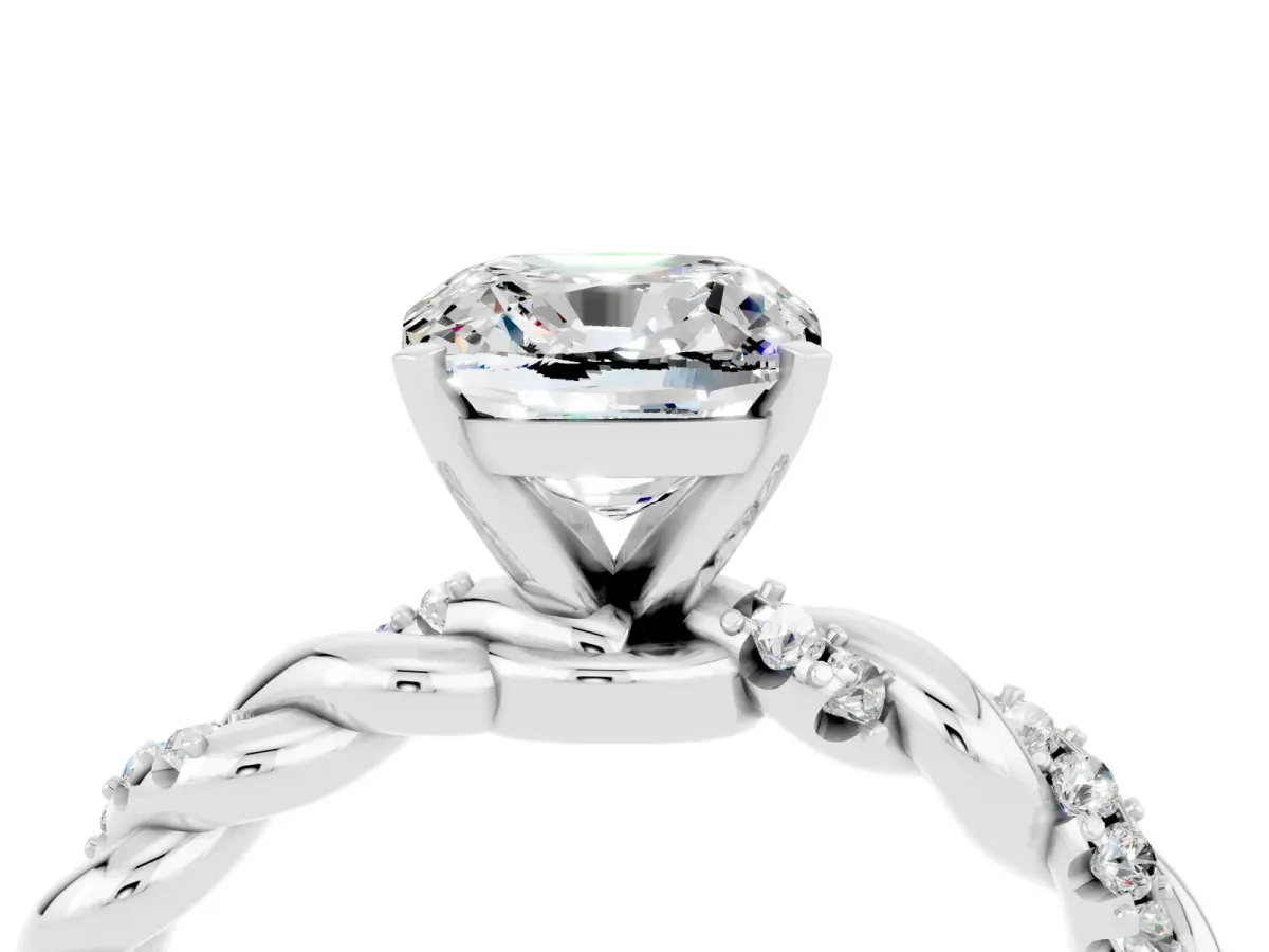 Cushion Cut Moissanite Solitaire Ring with Twisted Band and Pavé Accents White gold