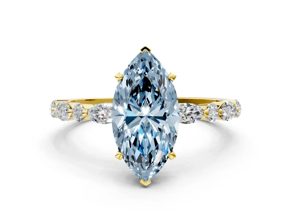 Fancy Blue Marquise Cut Diamond Ring with Marquise and Round Side Stones and Four-Prong Setting Yellow gold