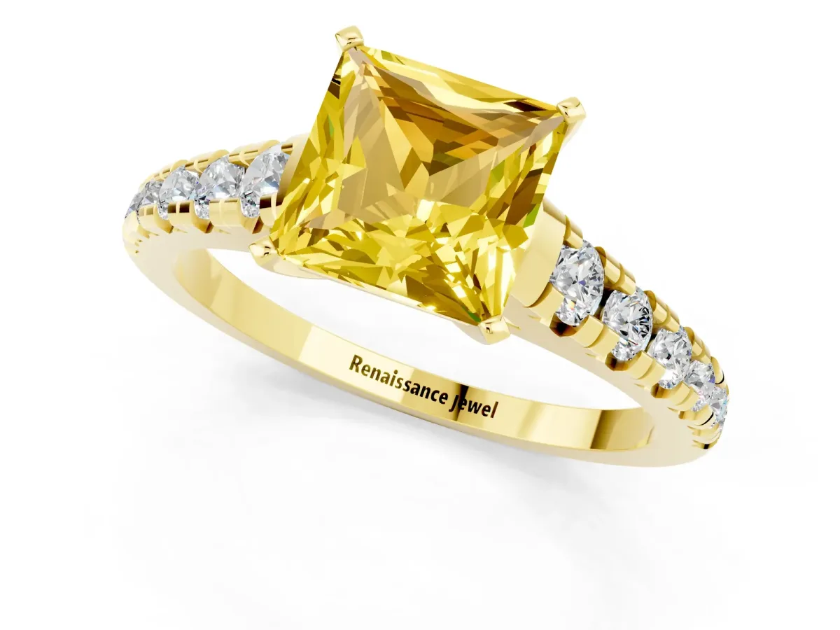 Princess Cut Yellow Sapphire Cathedral Solitaire Ring with Round Pavé Band Yellow gold