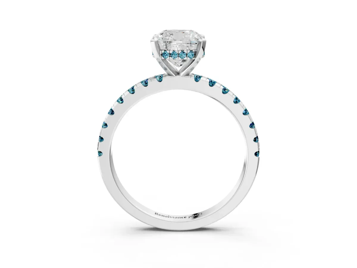 Cushion Cut Diamond Solitaire Ring with Round Blue Topaz Pavé Band and Four-Prong Setting White gold