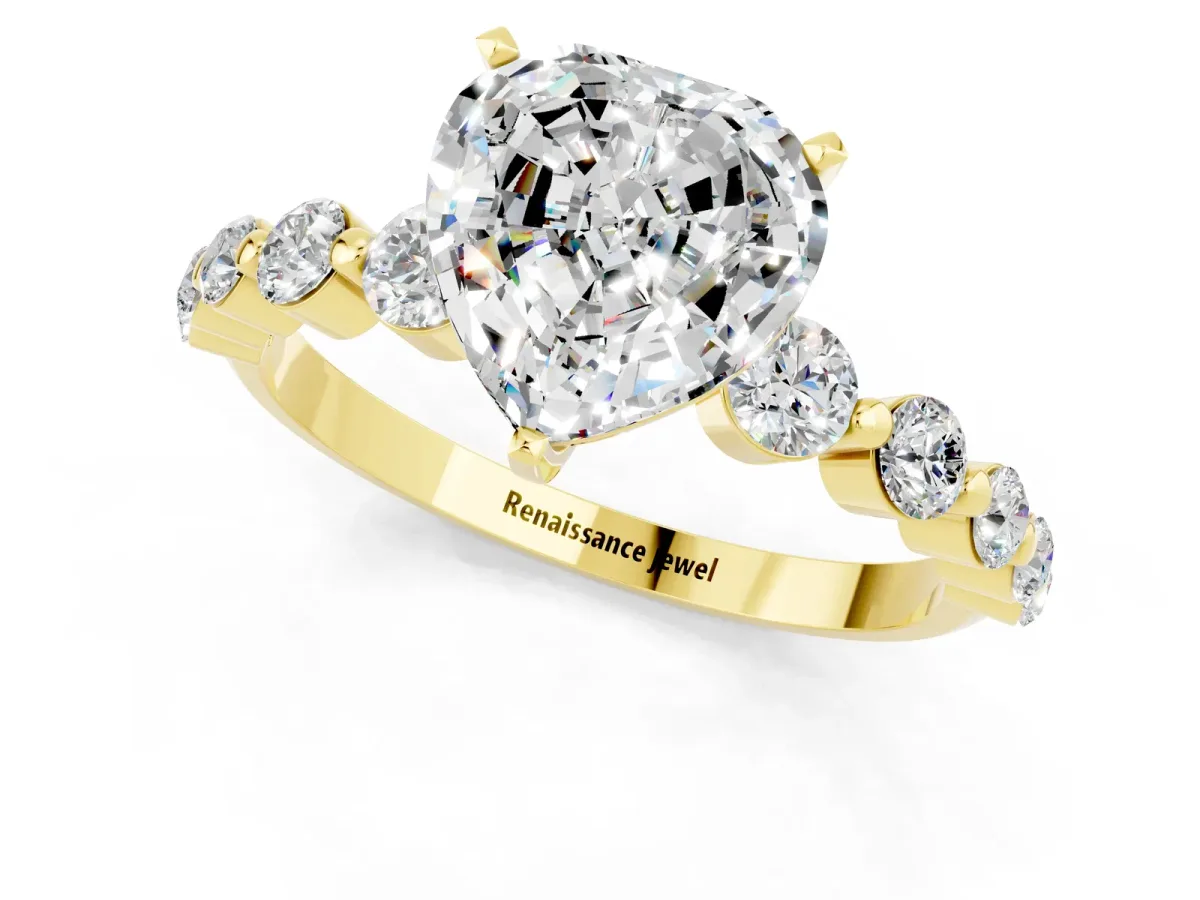 Heart Cut Solitaire Moissanite Ring with Pave Band and Four-Prong Setting Yellow gold