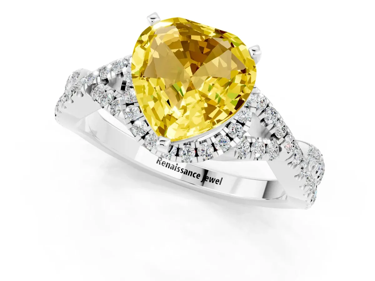 Heart Cut Yellow Sapphire Halo Twist Band Solitaire Prong Setting Ring White gold