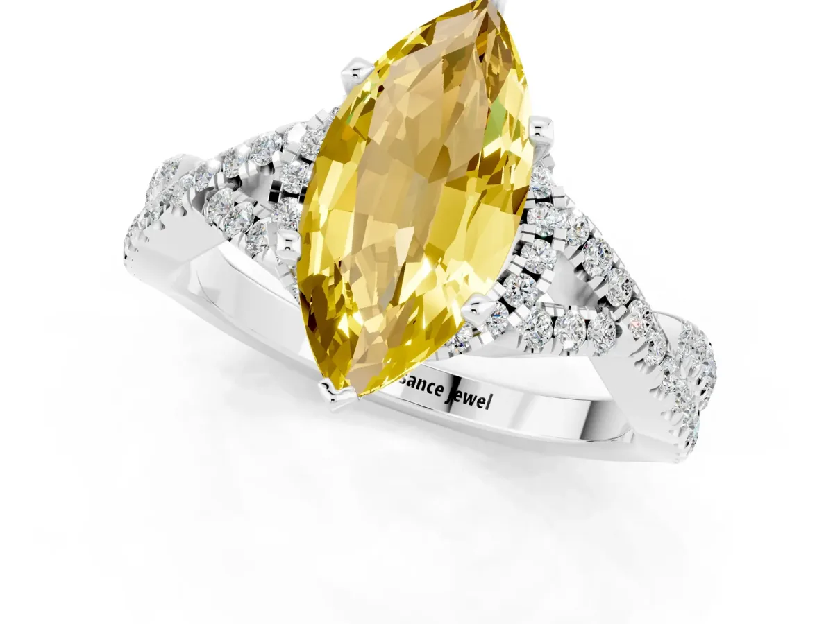 Marquise Cut Yellow Sapphire Halo Twist Band Solitaire Prong Setting Ring White gold