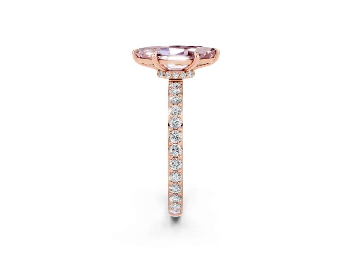 Marquise Cut Morganite Solitaire Engagement Ring with Pavé Band and Four-Prong Setting Rose gold
