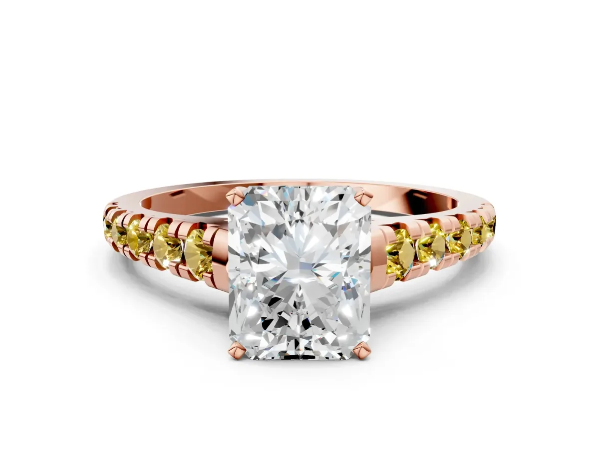 Radiant Cut Diamond Cathedral Solitaire Ring with Round Yellow Sapphire Pavé Band Rose gold