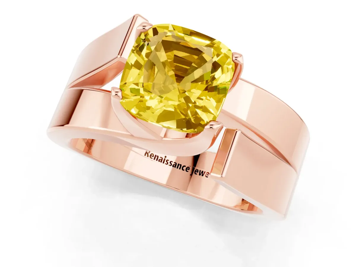 Modern Tension Set Cushion Cut Yellow Sapphire Solitaire Wide Band Ring Rose gold