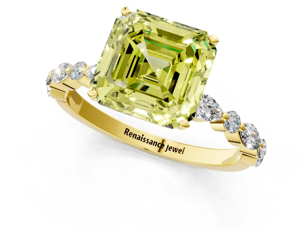 Fancy Yellow Asscher Cut Diamond Ring with Marquise and Round Side Stones and Four-Prong Setting Yellow gold