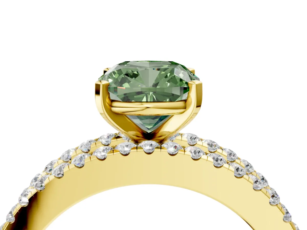 Fancy Green Cushion Cut Diamond Solitaire Ring with Pavé and Channel Set Band Yellow gold