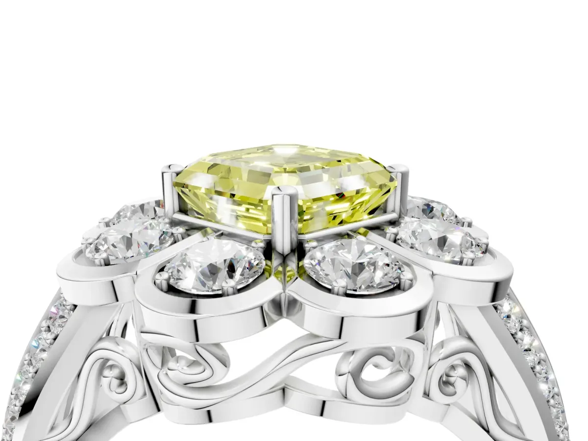 Fancy Yellow Asscher Cut Brilliant Flower Halo Diamond Split Shank Ring Platinum