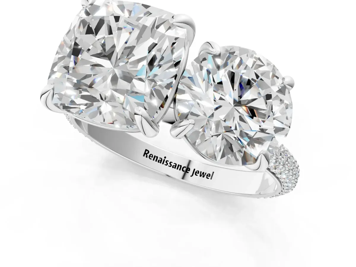 Round and Cushion Toi Moi Ring with Prong Setting and Micro Pave Band Silver