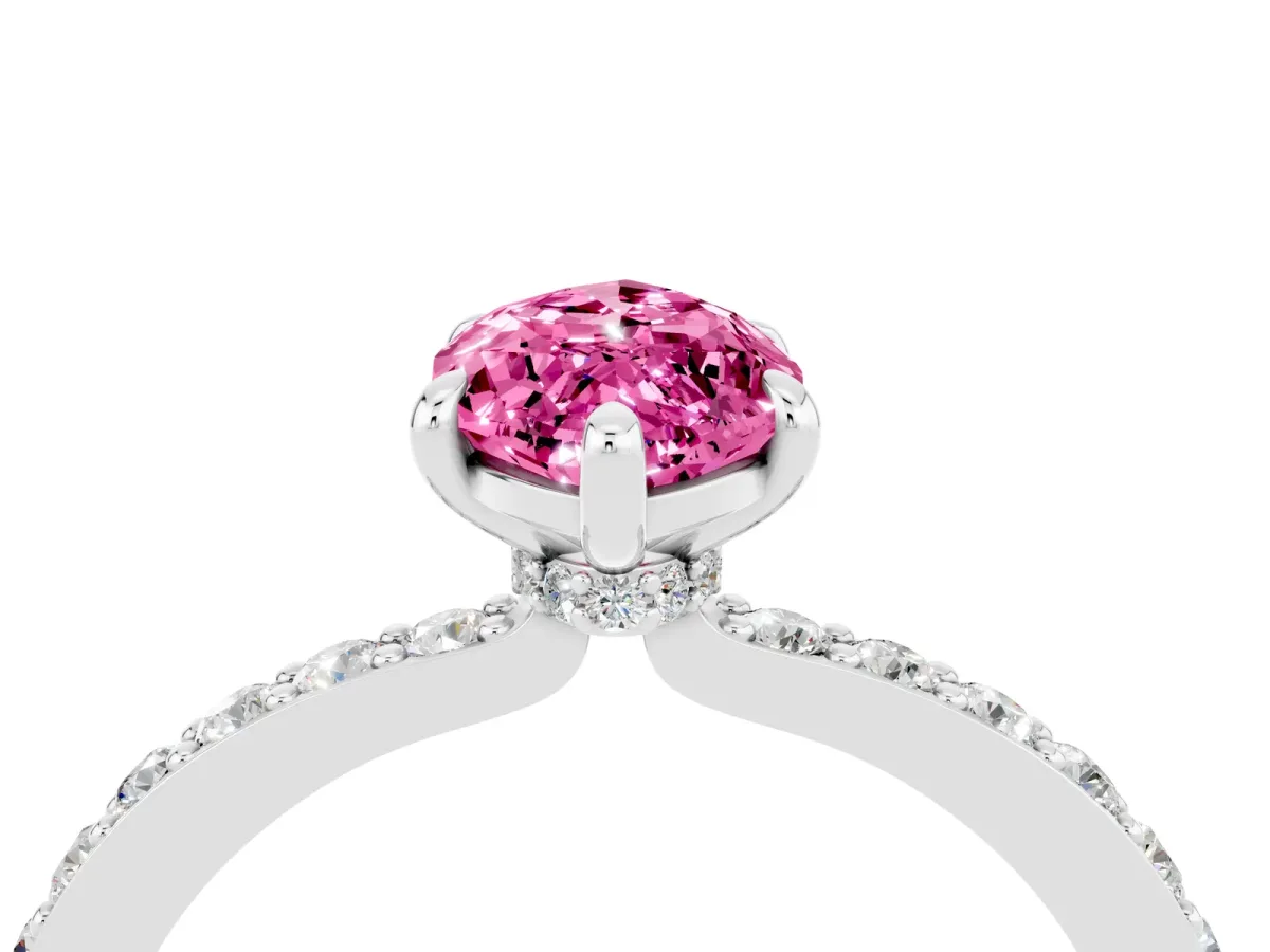 Marquise Cut Pink Sapphire Solitaire Engagement Ring with Pavé Band and Four-Prong Setting White gold