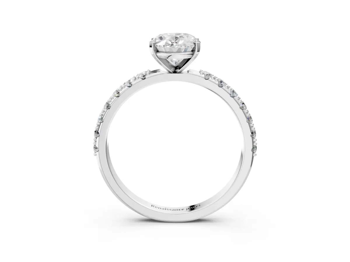 Oval Cut Diamond Solitaire Pavé Band with Four-Prong Setting Silver