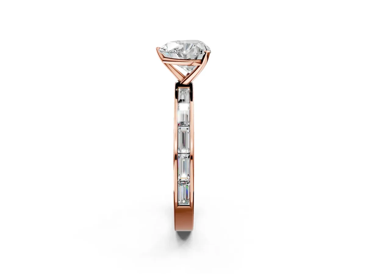 Heart Cut Solitaire Diamond Ring with Channel-Set Baguette Band and Four-Prong Setting Rose gold