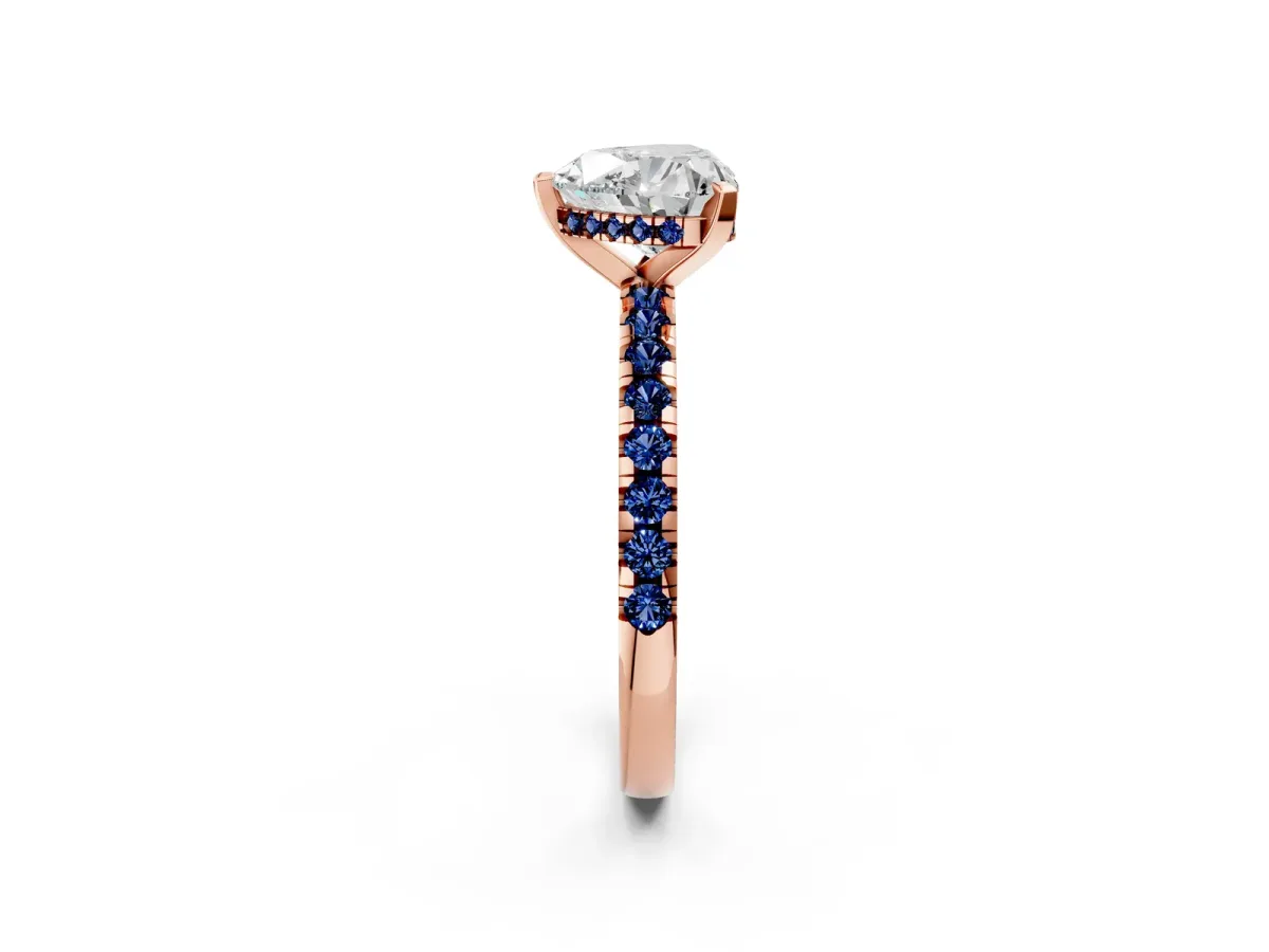 Heart Cut Diamond Solitaire Ring with Round Blue Sapphire Pavé Band and Four-Prong Setting Rose gold