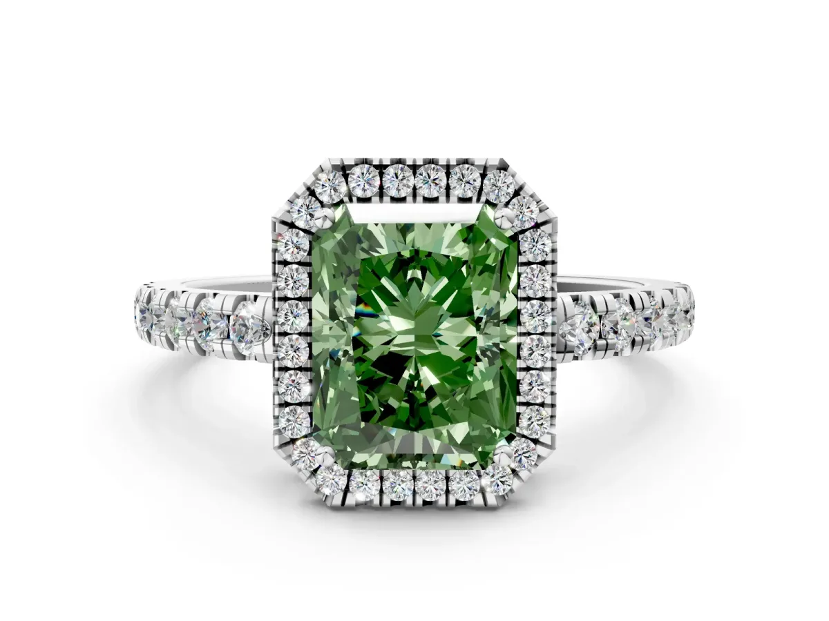Fancy Green Radiant Cut Diamond Halo Ring with Pavé Band and Four-Prong Setting Platinum