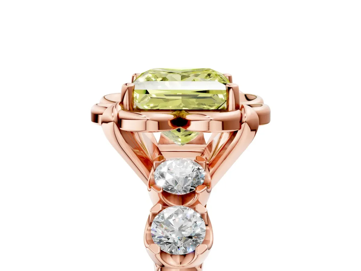 Fancy Yellow Princess Cut Cut Diamond Floral Halo Engagement Ring with Shared Prong Setting Rose gold