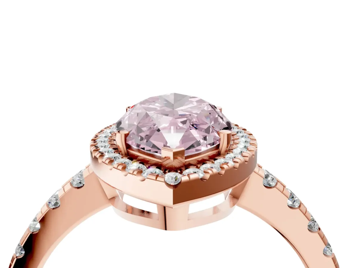 Fancy Pink Marquise Cut Diamond Halo Ring with Pavé Band and Four-Prong Setting Rose gold