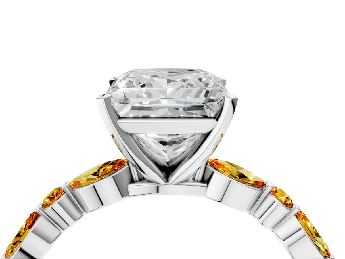 Princess Cut Diamond Ring with Marquise and Round Citrine Side Stones and Four-Prong Setting White gold