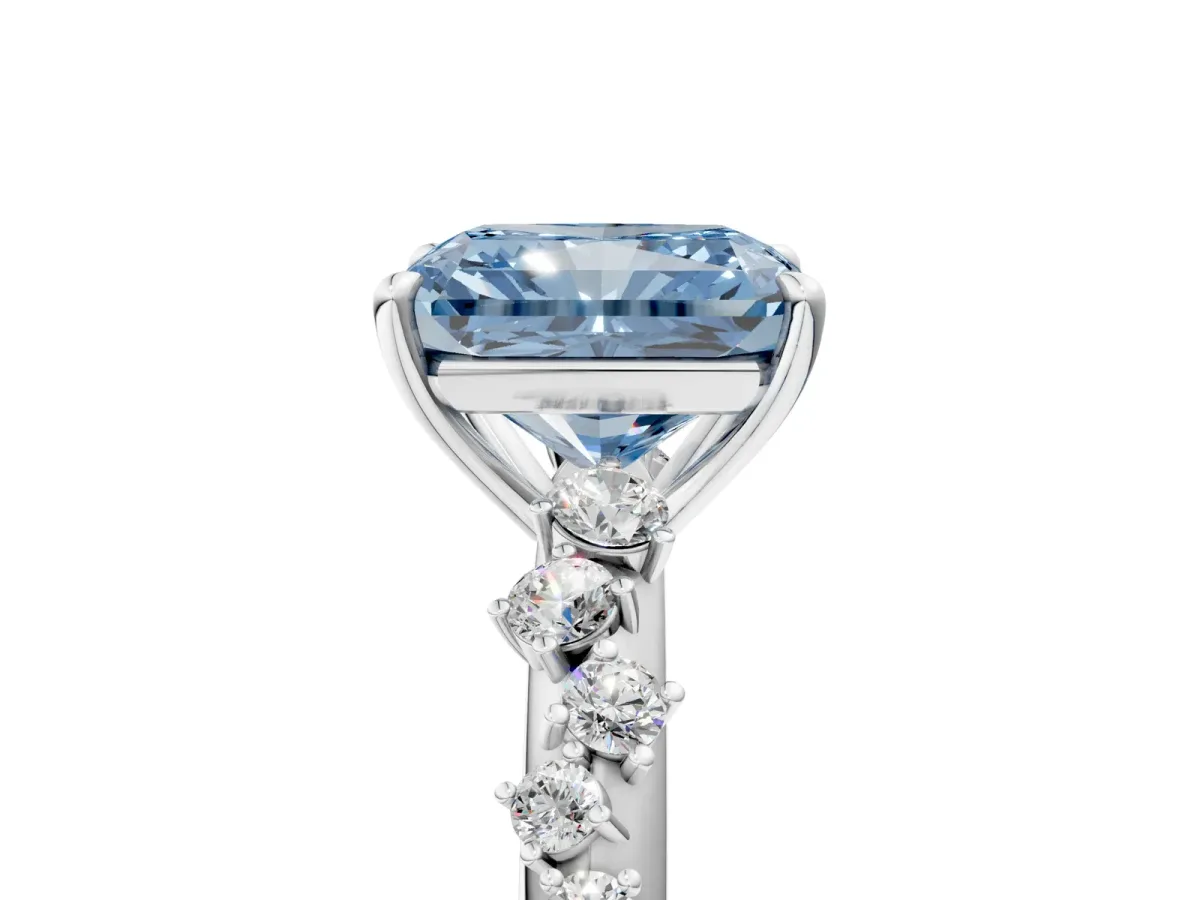 Fancy Blue Radiant Cut Diamond Cluster Side Stone Solitaire Ring with Prong Setting Platinum