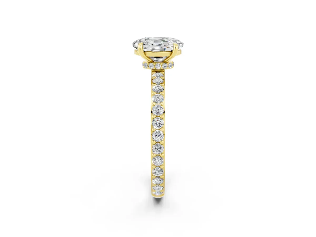 Oval Cut Moissanite Solitaire Engagement Ring with Pavé Band and Four-Prong Setting Yellow gold