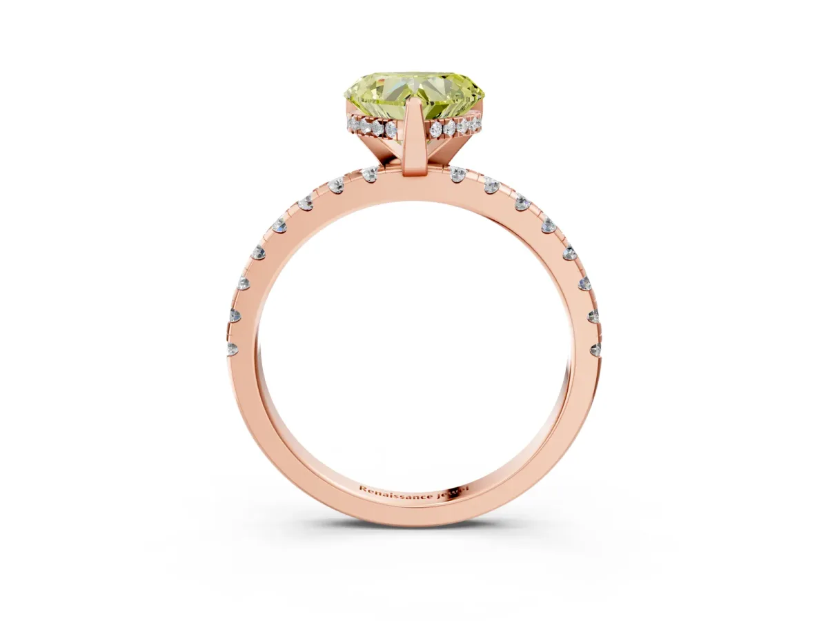 Fancy Yellow Heart Cut Diamond Solitaire Ring with Round Pavé Band and Four-Prong Setting Rose gold
